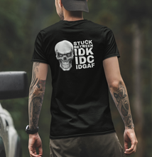 Load image into Gallery viewer, IDGAF skull black t shirt