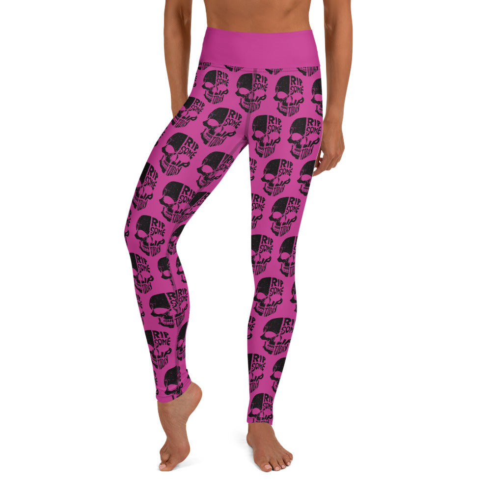 Pink Yoga Leggings with Black Half Skull brick pattern